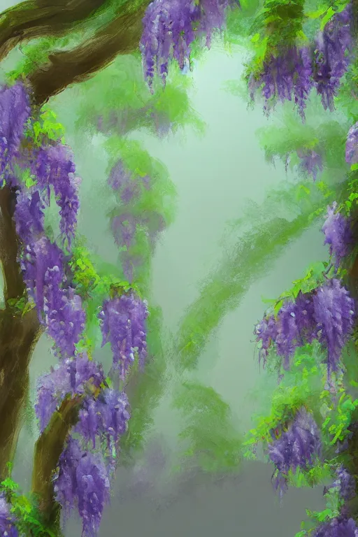 Prompt: wisteria forest with a narrow purple river flowing through it. digital painting. trending on artstation.