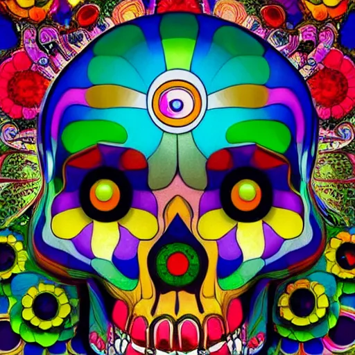 Image similar to colourful upper half portrait of an santeria crystal skull art by takashi murakami, highly detailed, digital painting, ray tracing, concept art, illustration, smooth sharp focus, intricate, symmetry, artstation,