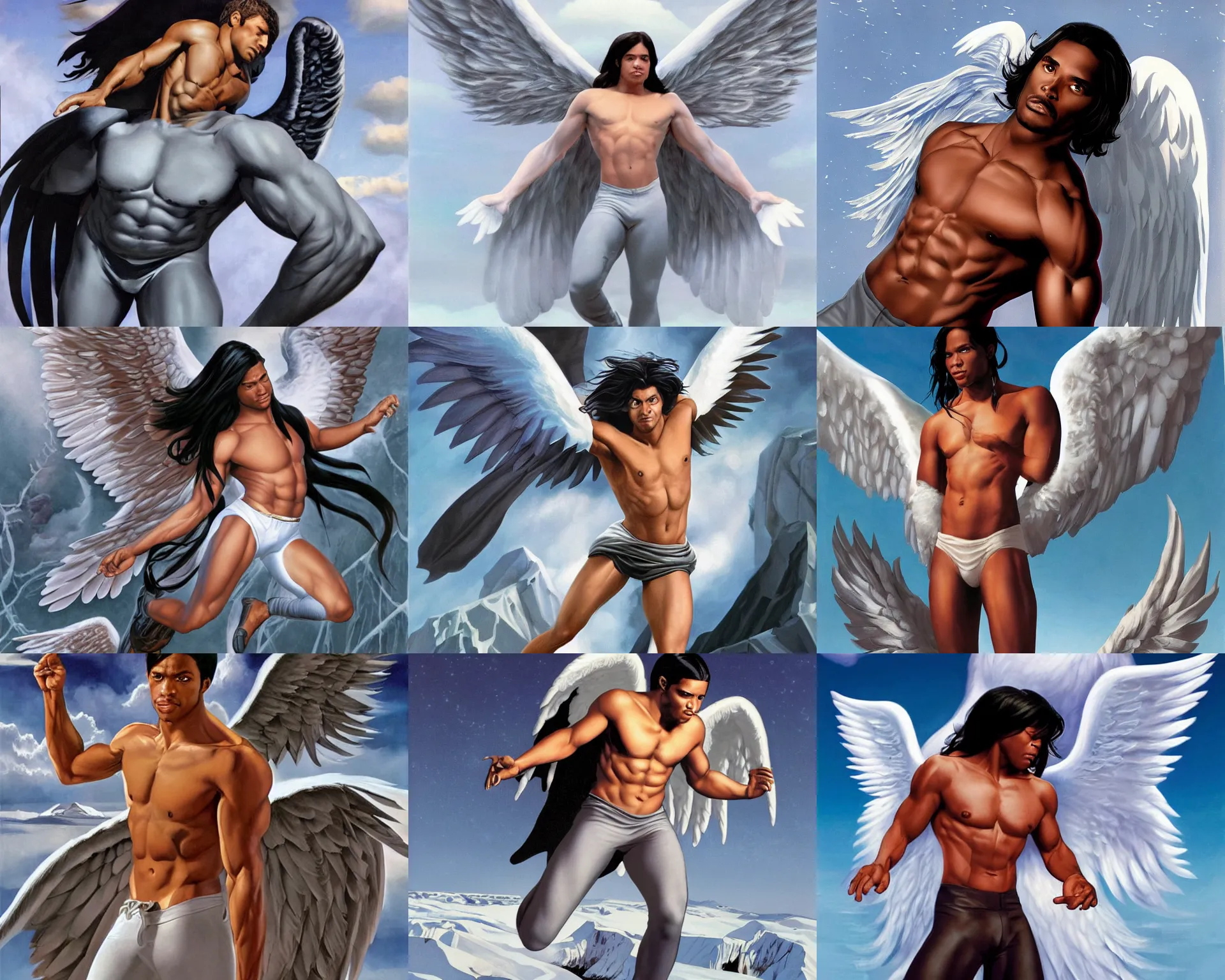 Prompt: angel beck oliver with white-gray wings. shirtless and sweatpants. Floating above frozen landscape. Smooth brown skin. Long black hair. Distant full body shot. Artwork by Alex Ross