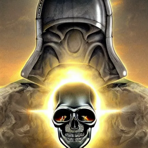 Image similar to high fantasy 1 9 8 0's wargame airbrushed artwork - inspired photo, a giant silver reflective chrome android wearing a mask shaped like an intricately carved beautiful human skull with glowing laser eyes, golden giant battle armor, inside a futuristic army base