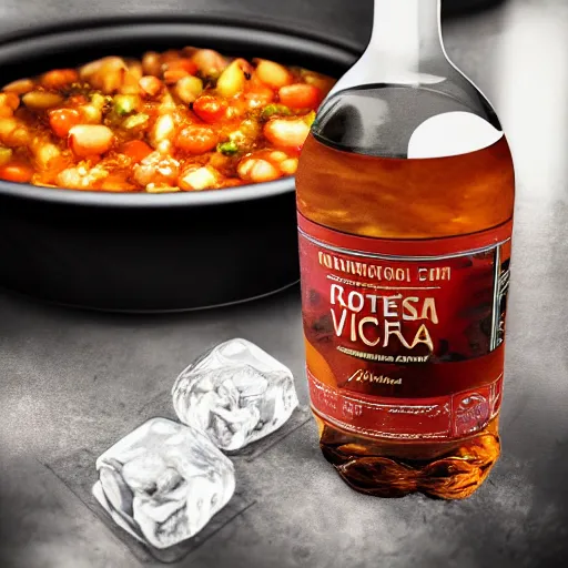 Prompt: photo realistic, pot of cholent next to a bottle of ice cold vodka