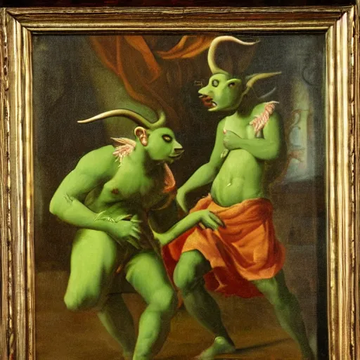Prompt: oil painting of two green-horned goblins dancing, baroque art