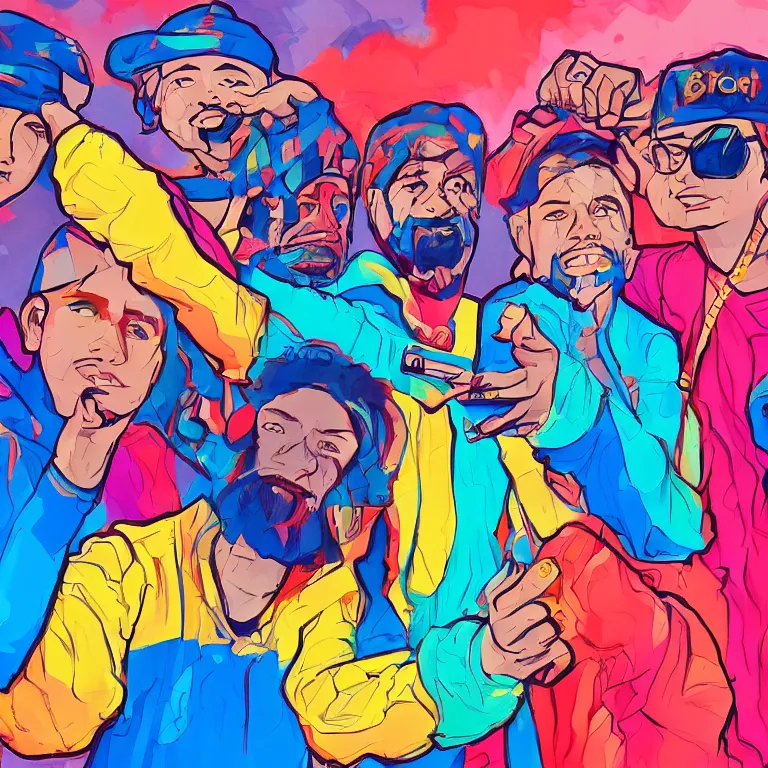 Prompt: a detailed colorful illustration of three ( b boys ) posing for a selfie by timothy kong, trending on artstation