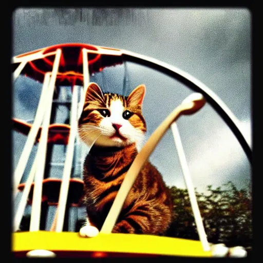 Image similar to !!! cat!!!, ferris wheel, feline, sitting, riding, funny, award winning photo, realistic,