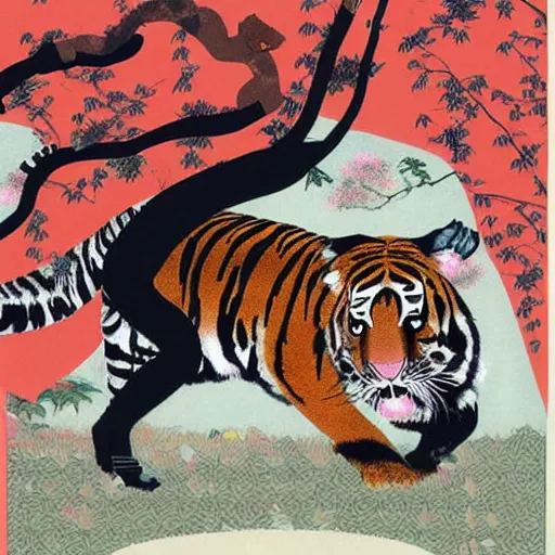 Image similar to a delorean protecting a tiger, japanese magazine collage, art by hsiao - ron cheng and utagawa kunisada