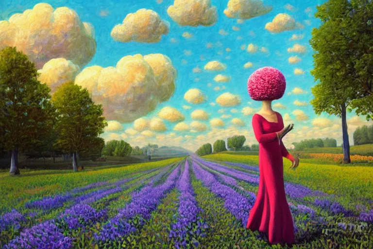 Image similar to giant flower head, woman walking, surreal, clouds in sky, impressionist painting, digital painting, artstation, rob gonsalves