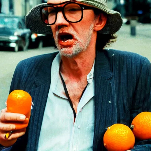 Prompt: hugh hopper on a street corner eating an orange fruit and drinking a pepsi