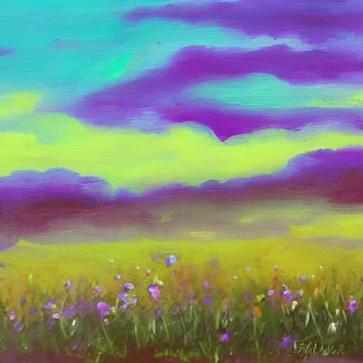 Prompt: flower in a pasture with purple skies, brushstrokes