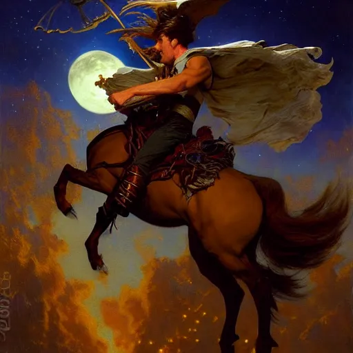 Prompt: attractive male witch magically flying trough the night, fantasy, full moon in background. highly detailed painting by gaston bussiere, craig mullins, j. c. leyendecker, mid shot, 8 k