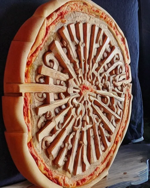 Prompt: wooden carving statue of a pizza product picture, ebay listing thumbnail