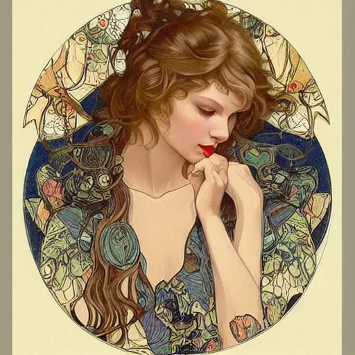 Image similar to romantic painted portrait of taylor swift by james jean, mucha, masterpiece