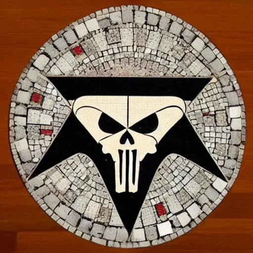 Prompt: punisher symbol in the form of a masonic tile floor mosaic in the form of punisher symbol in masonic temple