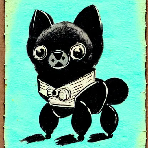 Image similar to a cute retro black pomeranian robot!!!!!! ( ( ( alcohol ink on parchment, muted colors, shading!!!, detailed, textured parchment background, 1 9 5 0 s concept art ) ) )