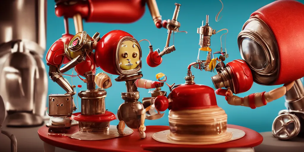 Image similar to closeup portrait of tin toy retro robot chef cooking pastry cake with chemicals flasks in a kitchen, depth of field, zeiss lens, detailed, centered, fashion photoshoot, by nicoletta ceccoli, mark ryden, lostfish, breathtaking, 8 k resolution, extremely detailed, beautiful, establishing shot, artistic, hyperrealistic, octane render