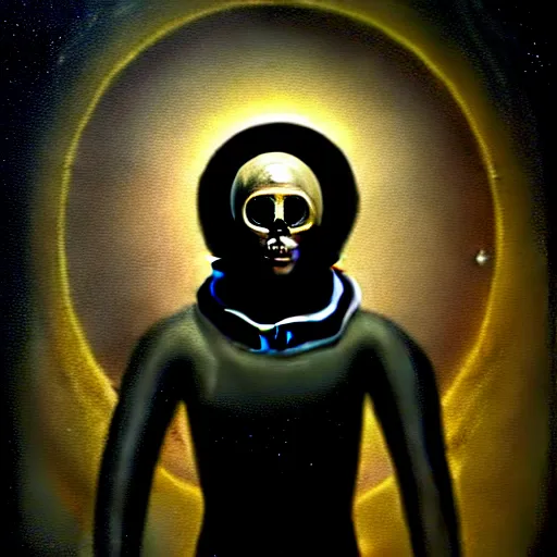 Prompt: full-body dark creepy baroque style oil painting realism a decapitated astronaut with futuristic elements. he welcomes you under with no head, empty helmet inside is occult mystical symbolism headless full-length view. standing on ancient altar eldritch energies lighting forming around disturbing frightening intricate renaissance, award winning digital illustration hyper realism, 8k, depth of field, 3D