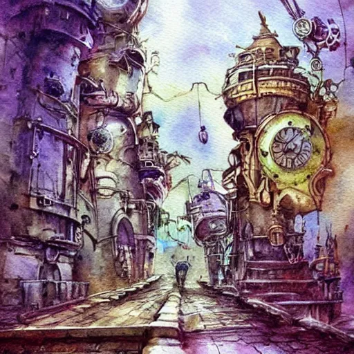 Prompt: #Fantasy #Landscape Collection Original #Watercolor #Painting Steampunk Scifi Surreal Land Whimsical #Ornate #Concept #Art #World Building Cityscape