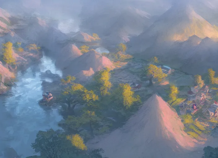 Image similar to concept art painting of a distant small woodland village by a river in a mountain valley seen from above, early morning, european japanese buildings, cel shaded, realistic, by makoto shinkai and moebius and anton fadeev and greg rutkowski and james gurney