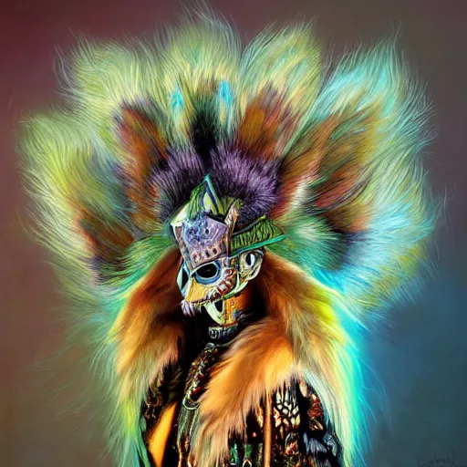 Prompt: a photorealistic portrait of a being, long fluffy fox fur and ears, wearing a painted fox skull mask, clothes themed on a peacock mage with 9 feathered tails, painting by jeff easley, stylized, neon, vhs, 8 0 s, dnd beyond, chromal aberration, fae wilds sky