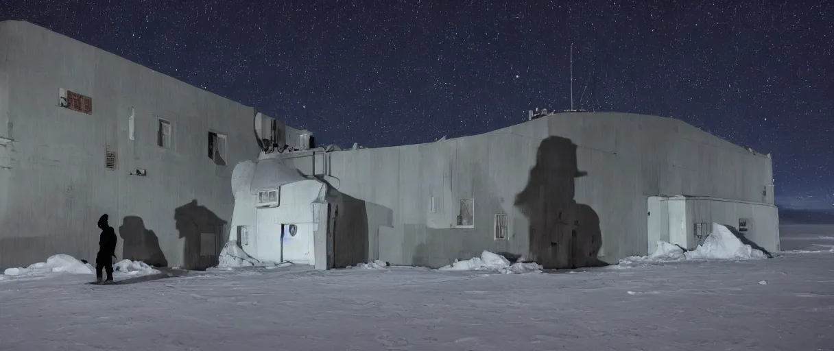 Image similar to a high quality color wide shot hd 4 k film 3 5 mm photograph of a bulky figure wearing a hoodie in full shadow silhouette sneaking around the exterior a top secret military base in antarctica at night