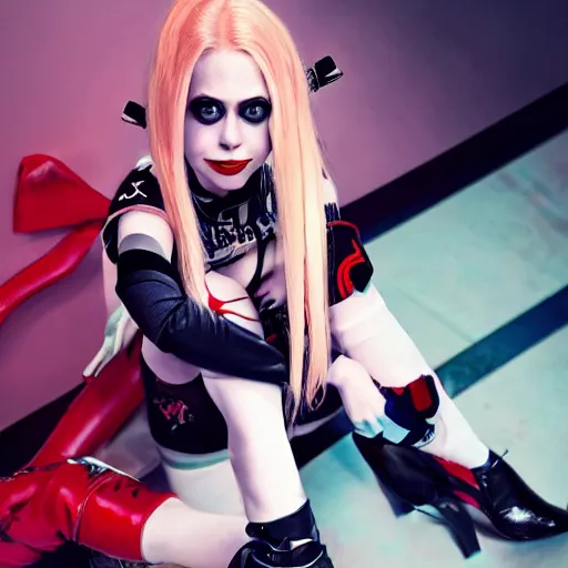 Prompt: detailed photograph of avril lavigne as harley quinn with stockings, 8 k, by greg rutkowski, artgerm, global illumination