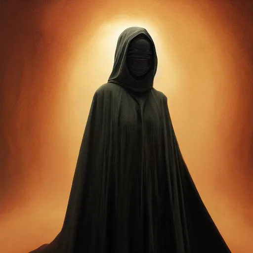 Image similar to a portrait of a young black woman wearing a long dark cloak, hood and shadows covering face, anatomically correct, beautiful perfect face, enigmatic, oil painting, matte painting, black background, Volumetric dynamic lighting, Highly Detailed, Cinematic Lighting, Unreal Engine, 8k, HD, by Beksinski