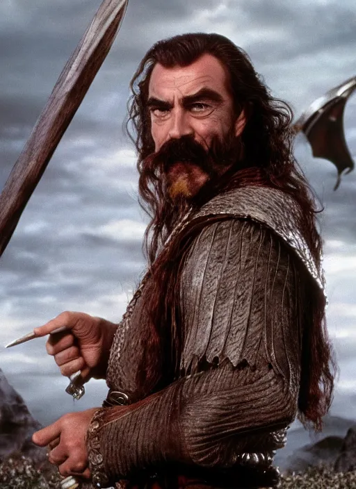 Image similar to film still of tom selleck as gimli in lord of the rings, 4 k