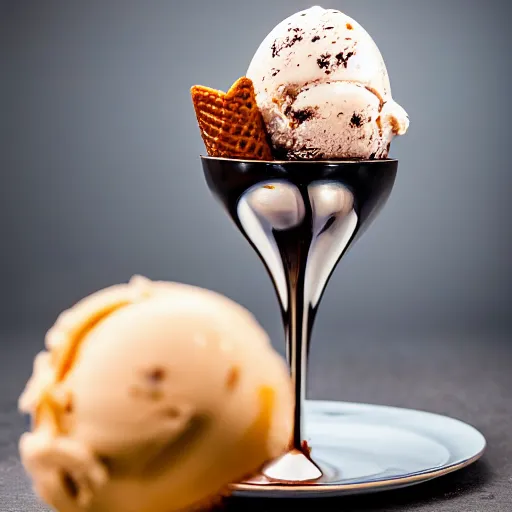 Image similar to extremely delicious looking photo of ice cream desert in cup, very expensive top quality product, michelin star, most perfect desert on the world, small manufacture, unique style, 8 k, product photography, professional studio photography