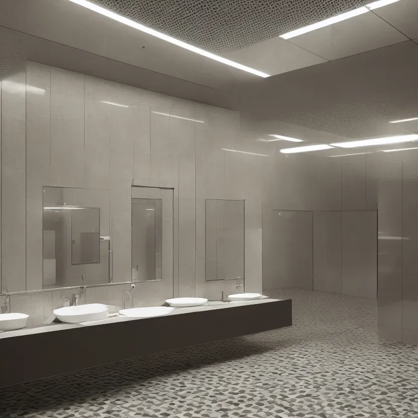 Prompt: an infinite public restroom with endless stalls and endless sinks fading into the distance, mirrors!, showers, tile, cinematic lighting, volumetric lighting, award winning photography, highly detailed, intricate, sharp focus, 4 k wallpaper, unreal engine, 9 0 mm, f / 1. 4