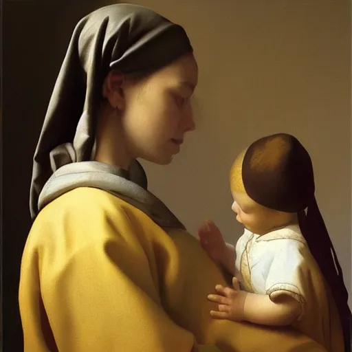 Prompt: pure love is patient love is kind, mother and child ; photorealistic oil painting by johannes vermeer ; highly detailed cute faces by wlop ; trending on artstation ; 8 k high resolution, symmetrical, cinematic, high coherence, golden ratio, rule of thirds, perfectly centered ; anatomically correct faces