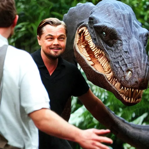 Prompt: Leonardo DiCaprio fighting a dinosaur