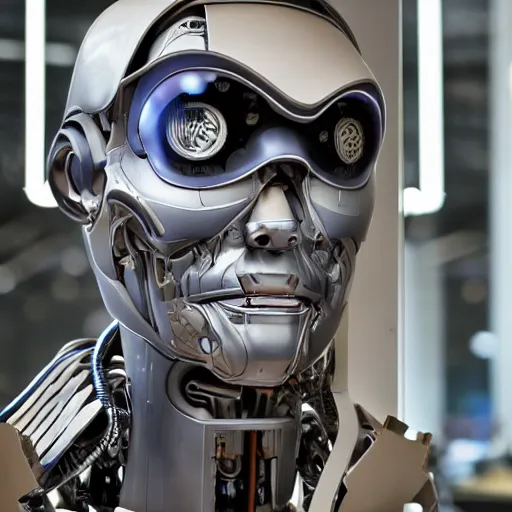 Image similar to photo of a human cyborg!! in sale, in a store display, hiding a dark secret, highly detailed face, cyberpunk, year 3022, !!!medium full shot!!!, depth of field, ISO 300, aperture f11, 1/100 obturation speed