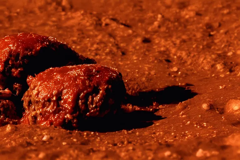 Prompt: a lonely meatball sandwich on mars, red lighting, sad,