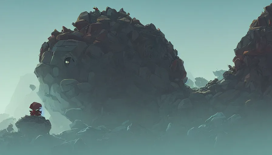 Prompt: rock monster, true evil, dormant, broken, calling a traveller nearby, sharp focus, james gilleard, cinematic, game art, extremely detailed digital painting, print