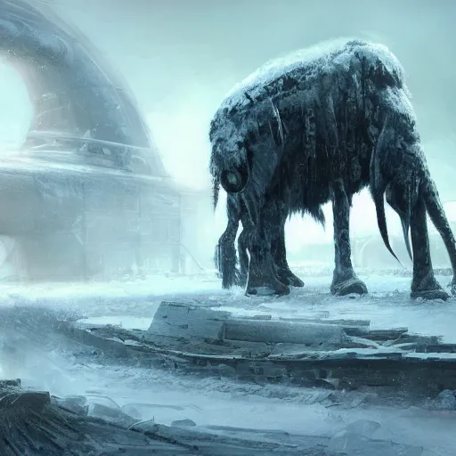 Image similar to an intricate futuristic black steam train and a giant mammoth, post - apocalyptic ice landscape in snowstorm, concept art, artstation, highly detailed, digital art