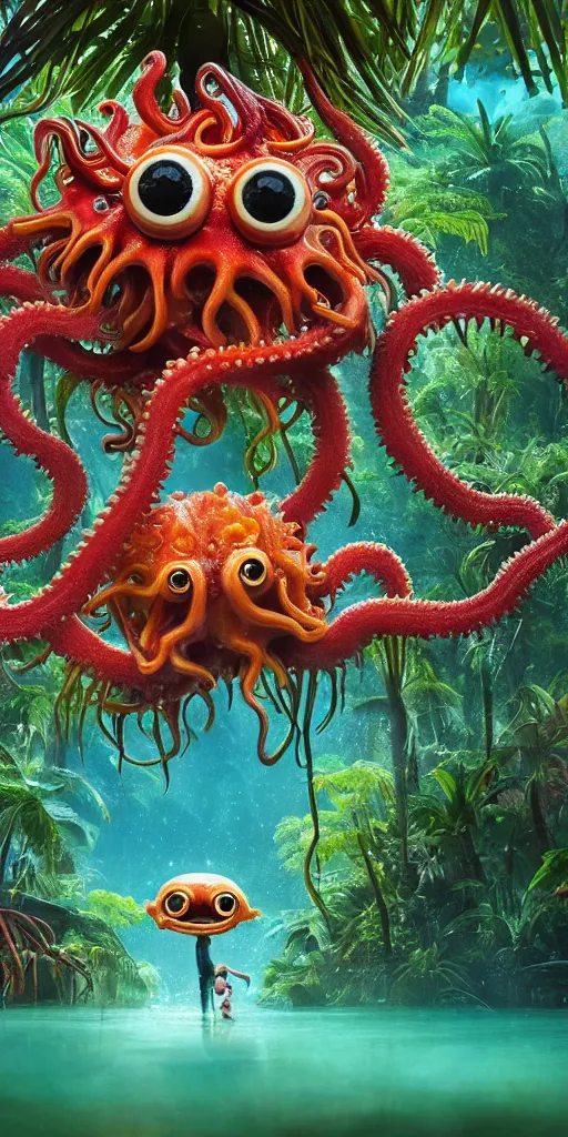 Image similar to of a tropical rainforest lake with strange cute friendly happy creatures with huge eyes, mouth, long tongue, round teeth and tentacles appearing from sandy coral, in the style of gehry and gaudi, macro lens, shallow depth of field, ultra detailed, digital painting, trending artstation, concept art, illustration, cinematic lighting, photorealism, epic, octane render