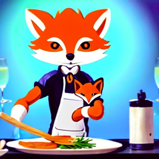 Image similar to a cute anthropomorphic fox boy maid preparing dinner in the kitchen. league of legends splash art