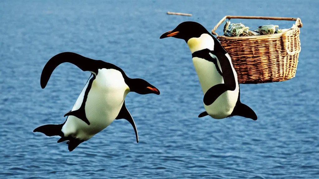 Image similar to A penguin flying with a basket of fish, highly detailed, photograph