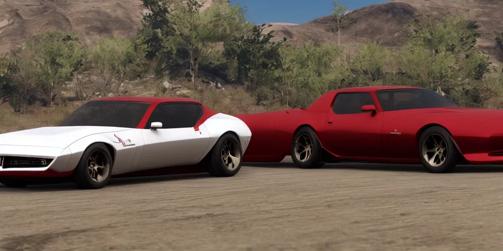 Image similar to updated sleek concept for a firebird trans am, cinematic, photoreal, by red dead redemption 2