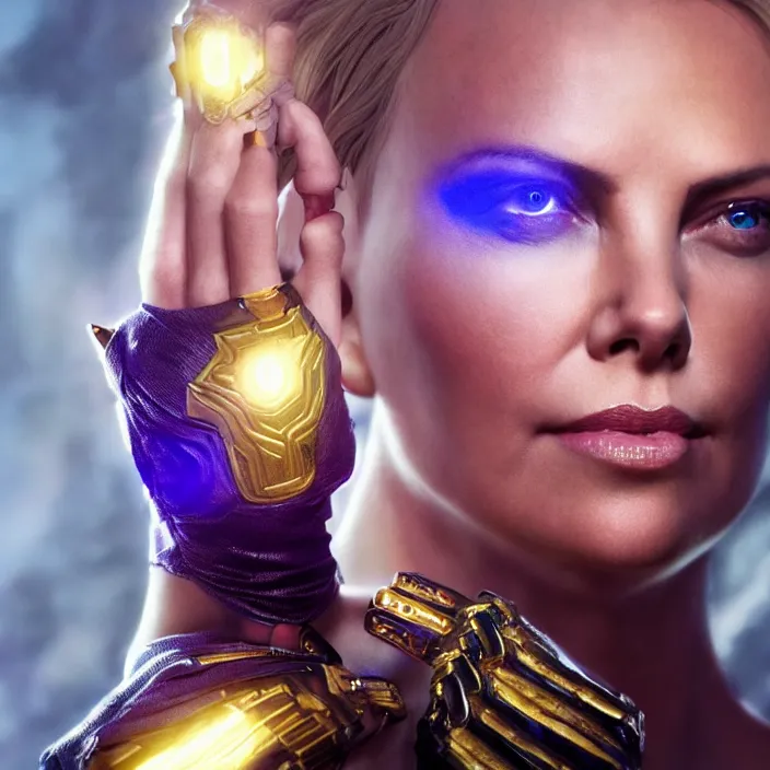 Image similar to portrait of ((Charlize Theron)), wearing The Infinity Gauntlet. SNAP. intricate artwork. octane render, trending on artstation, very coherent symmetrical artwork. thanos. avengers. marvel. cinematic, hyper realism, high detail, octane render, 8k, iridescent accents