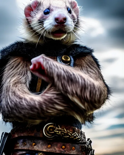 Image similar to ferret warrior, furry, fantasy, viking, high detailed, photography, cloudy, lightweight leather armour, scandinavia, plain, detailed face, look into the distance, serious face, full body, in full growth, professional photographer, masterpiece, 5 0 mm, extremely detailed, 8 k