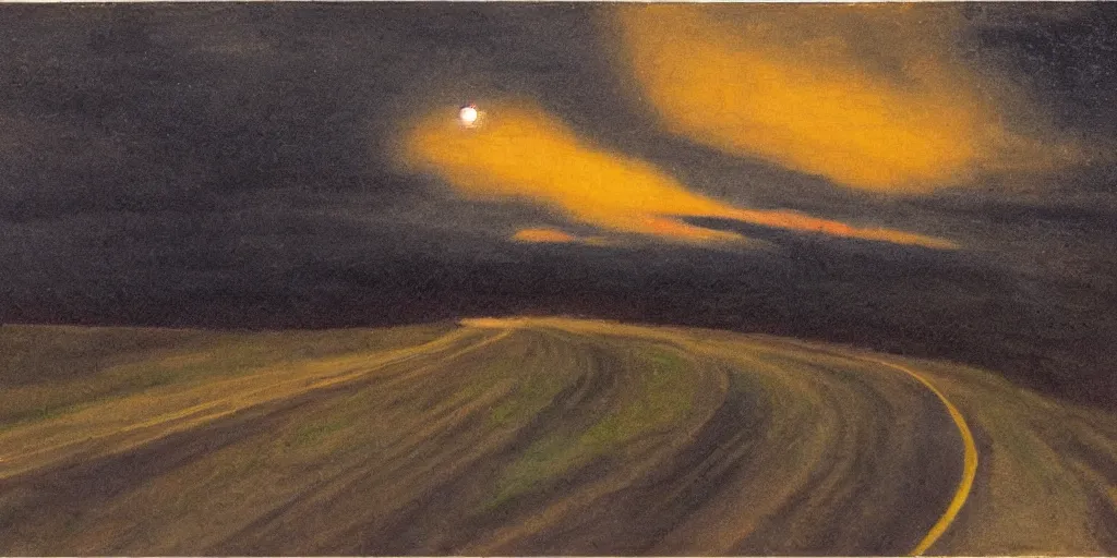 Prompt: the long and winding road at night by john christopher pratt,