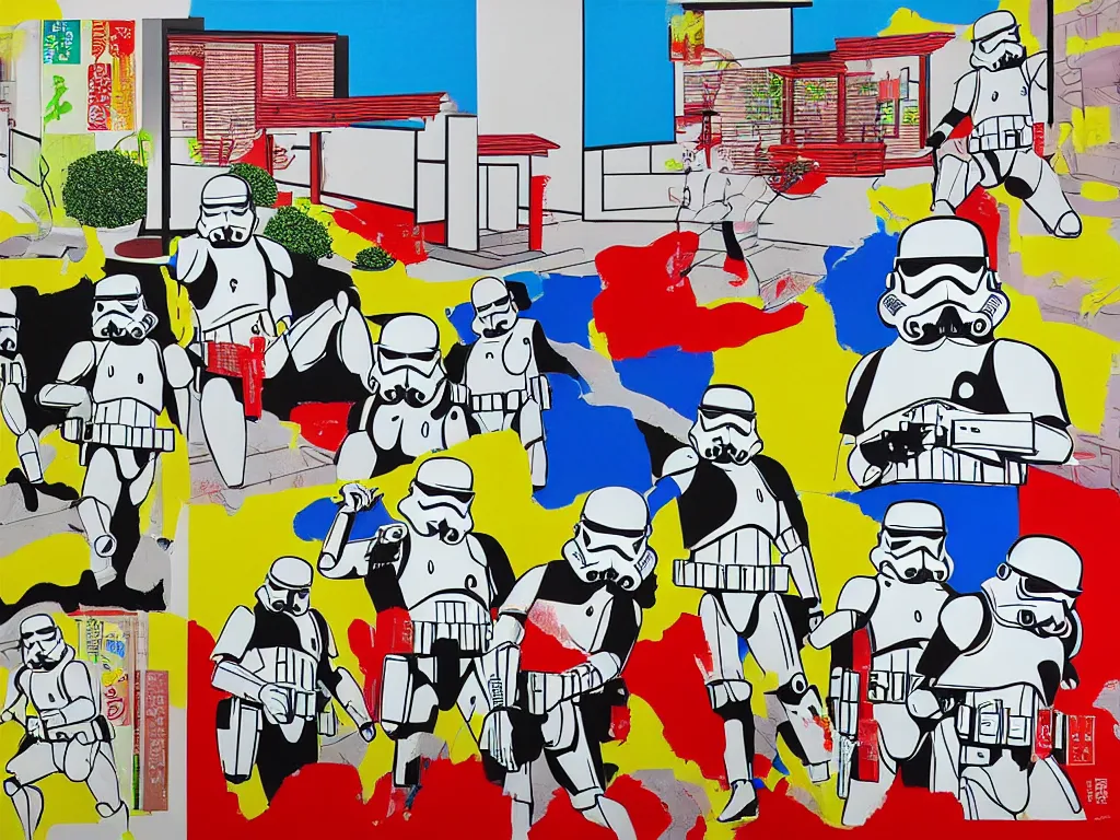 Prompt: hyperrealism composition of the asian home with a garden, detailed stormtrooper in hot springs, pop - art style, jacky tsai style, andy warhol style, roy lichtenstein, acrylic on canvas