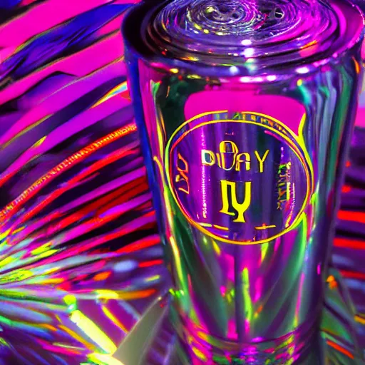 Image similar to ad truly seltzer can day glo lighting, professional photography, dutch angle, sweat and reflections, 8k