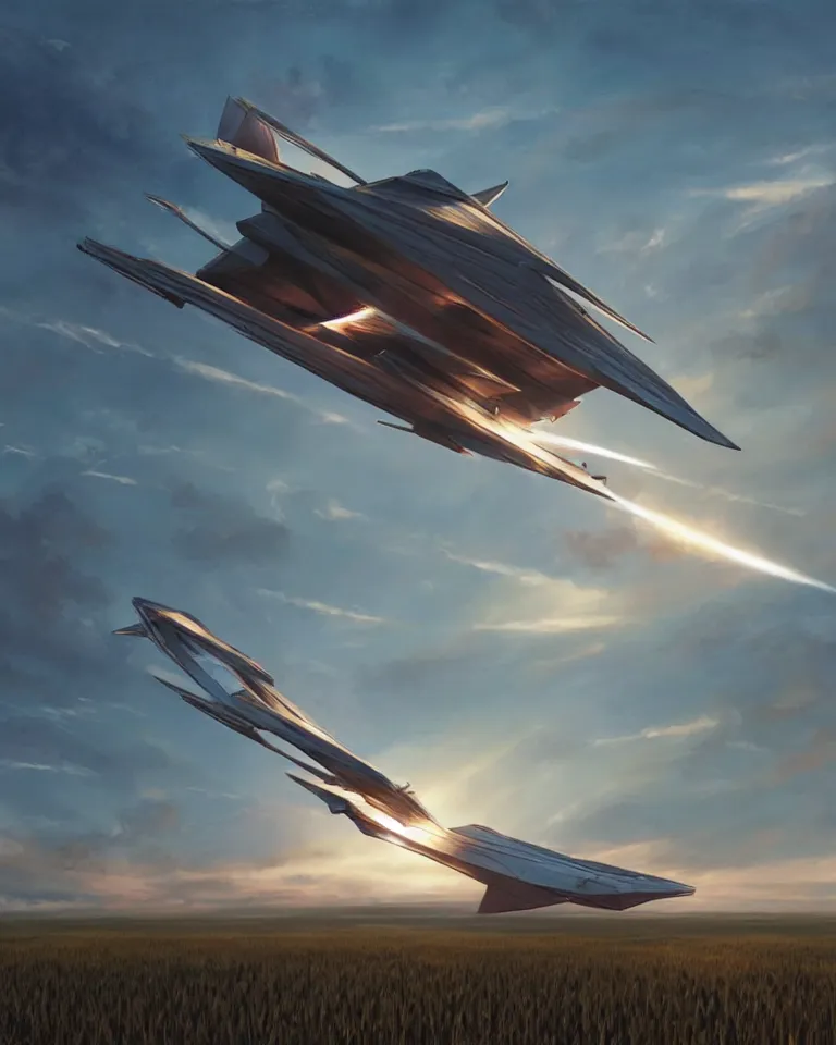 Image similar to wide shot of a tall and thin greebled sharp angled spaceship hovering in the air 6 feet above a cornfield, late afternoon, golden hour, dramatic lighting, cinematic, highly detailed, smooth, sharp focus, concept art by greg rutkowski and artgerm and syd mead