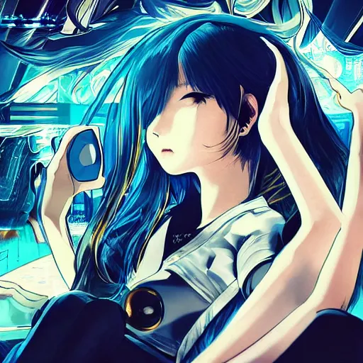 Image similar to Frequency indie album cover, luxury advertisement, blue filter, blue and black colors. Clean and detailed post-cyberpunk sci-fi close-up schoolgirl in asian city in style of cytus and deemo, blue flame, relaxing, calm and mysterious vibes, by Tsutomu Nihei, by Yoshitoshi ABe, by Ilya Kuvshinov, by Greg Tocchini, nier:automata, set in half-life 2, GITS, Blade Runner, Neotokyo Source, Syndicate(2012), dynamic composition, beautiful with eerie vibes, very inspirational, very stylish, with gradients, surrealistic, dystopia, postapocalyptic vibes, depth of field, mist, rich cinematic atmosphere, perfect digital art, mystical journey in strange world, beautiful dramatic dark moody tones and studio lighting, shadows, bastion game, arthouse