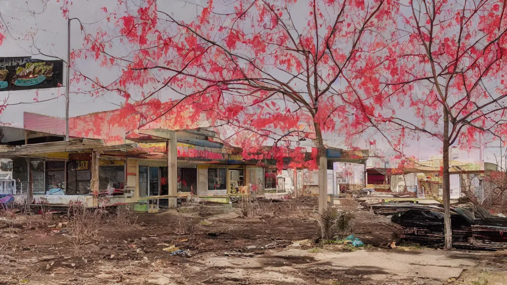 Prompt: psychedelic immaculate dogwood abandoned fastfood restaurant, postapocalypse, cinematic