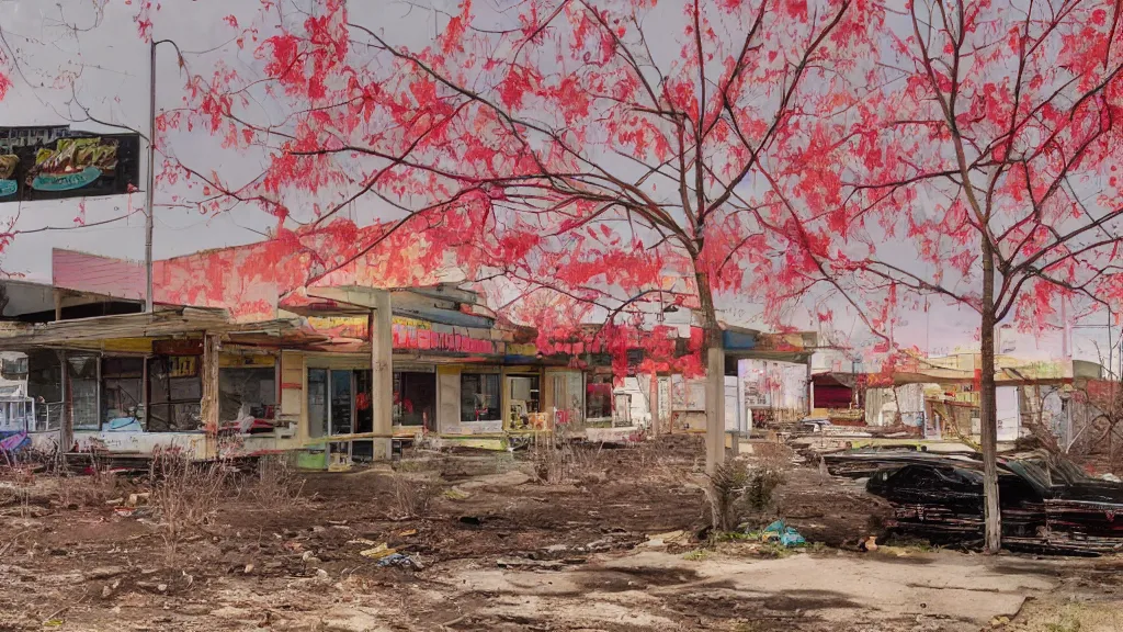 Image similar to psychedelic immaculate dogwood abandoned fastfood restaurant, postapocalypse, cinematic