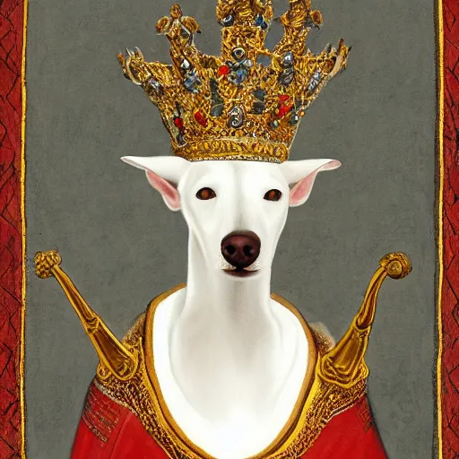 Image similar to Portrait of an anthropomorphic White Greyhound wearing a fancy crown and holding a longsword in a medieval throne room. Very high quality. Drawn by James Christensen