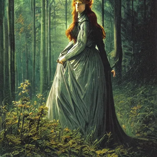 Image similar to A beautiful victorian woman, night, gothic dress, flowing hair, oil painting, portrait, magical forest, , glow, dramatic lighting, dramatic light, masterpiece, high detail, long shadow, amazing composition, detailed, painted by Caspar David Friedrich