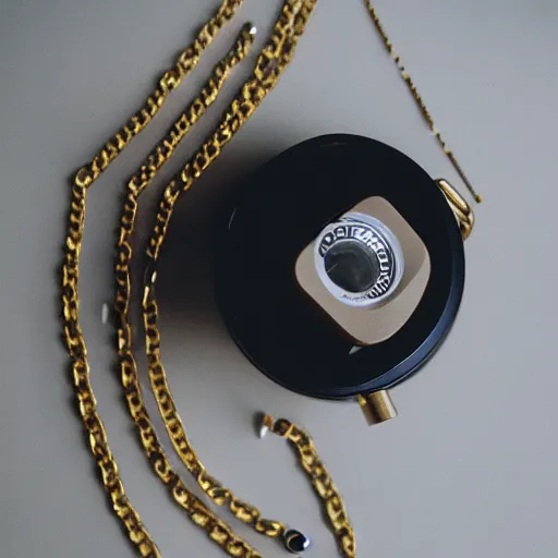 Image similar to a studio photoshoot of a Gold Beaded Chain designed by Tom Sachs, realistic, color film photography by Tlyer Mitchell, 35 mm, graflex